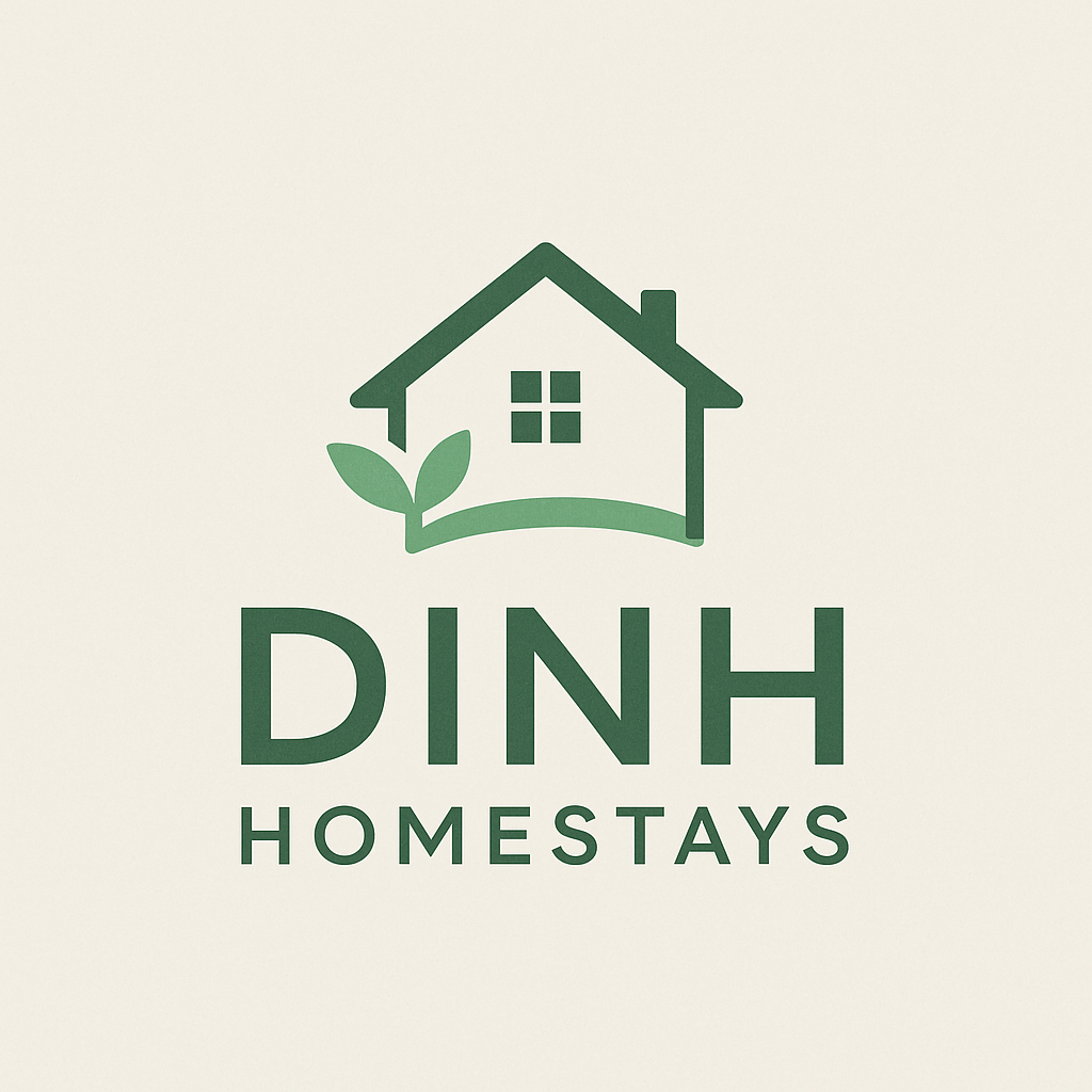 Dinh Homestays: A logo depicting a house and a plant, set against a beige background.